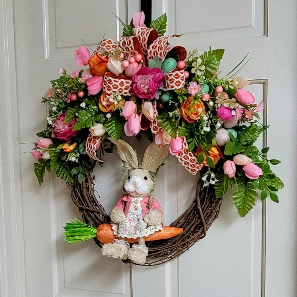 Spring Bunny Floral Door Wreath - Pink & Orange